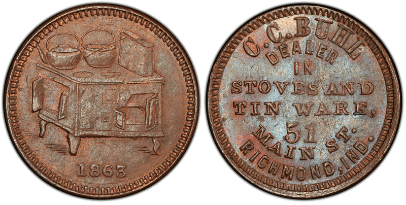 (1863) Copper Civil War Store Card F-800A-2a, C.C. Buhl IN
