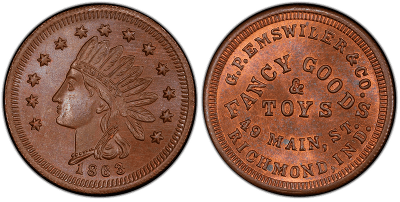(1863) Copper Civil War Store Card F-800B-3a, G.P. Emswiler & Co. IN