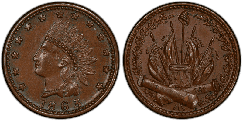 (1863) Copper Civil War Patriotic Token F-80/351a, Indian-Crossed Cannons