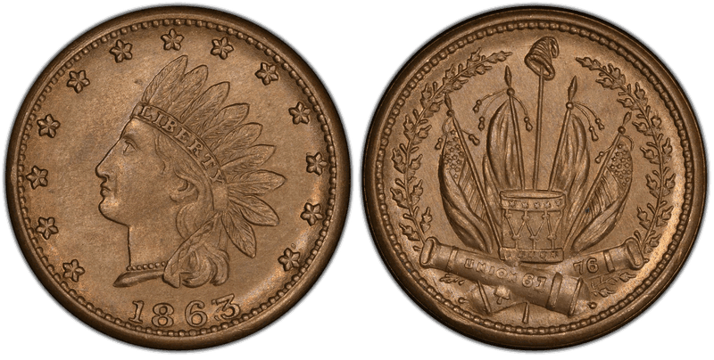 (1863) Brass Civil War Patriotic Token F-80/351b, Indian-Crossed Cannons