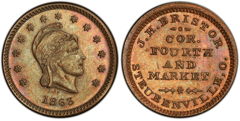 (1863) Copper Civil War Store Card F-835B-1a, J.H. Bristor OH