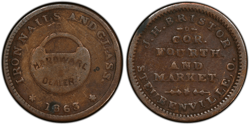 (1863) Copper Civil War Store Card F-835B-2a, J.H. Bristor OH