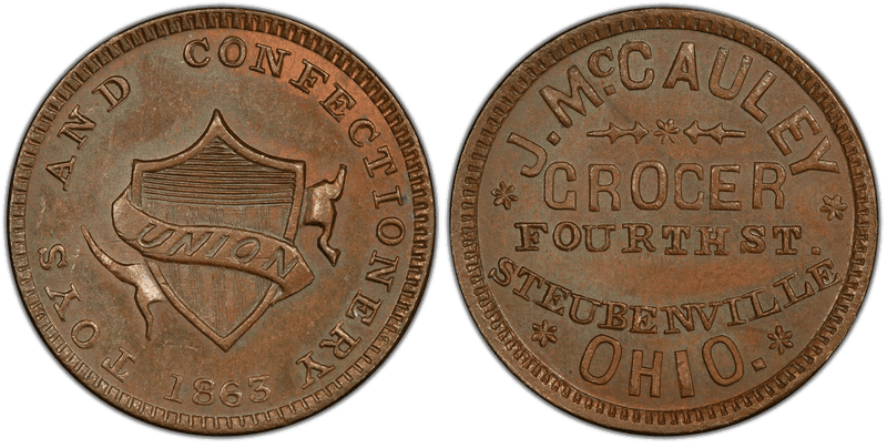 (1863) Copper Civil War Store Card F-835F-1a, J. McCauley OH