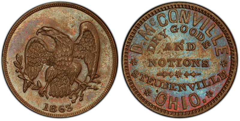 (1863) Copper Civil War Store Card F-835G-2a, D. McConville OH