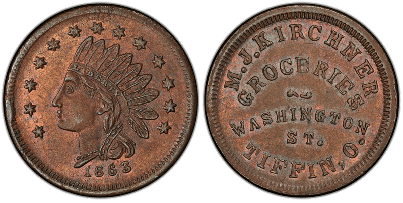 (1863) Copper Civil War Store Card F-850A-1a, M.J. Kirchner OH