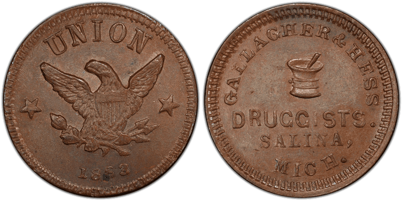 (1863) Copper Civil War Store Card F-855A-3a, Gallagher & Hess MI