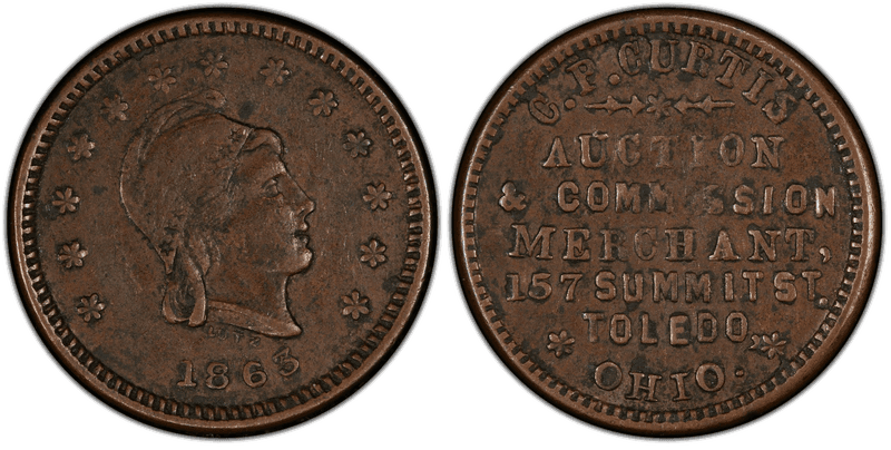 (1863) Copper Civil War Store Card F-860A-1a, C.P. Curtis OH