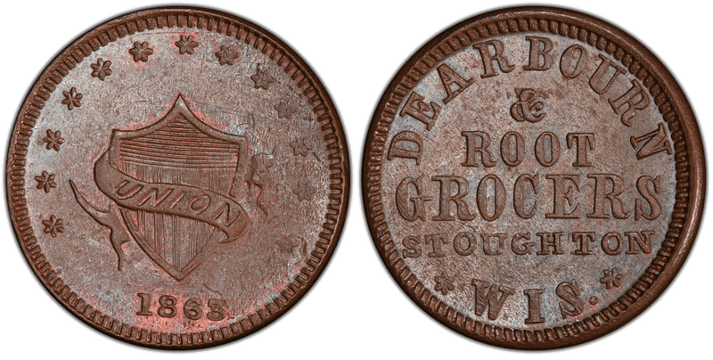 (1863) Copper Civil War Store Card F-860B-1a, Dearbourn & Root WI