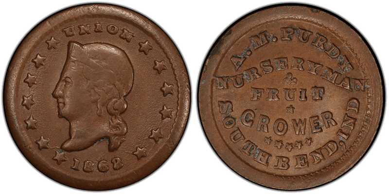 (1863) Copper Civil War Store Card F-860F-1a, A.M. Purdy IN