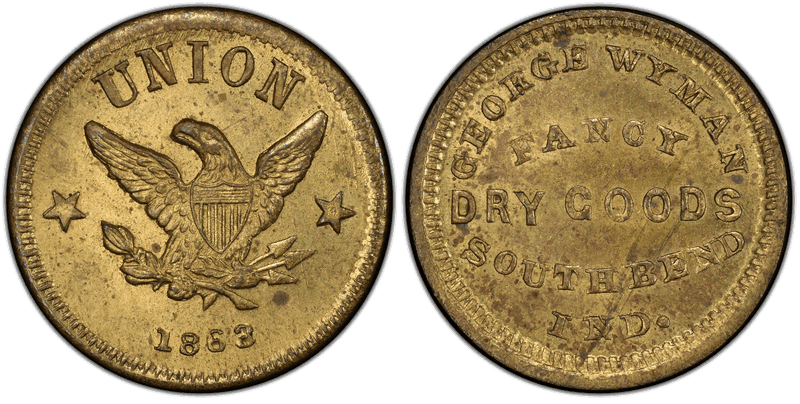 (1863) Brass Civil War Store Card F-860G-7b, George Wyman IN