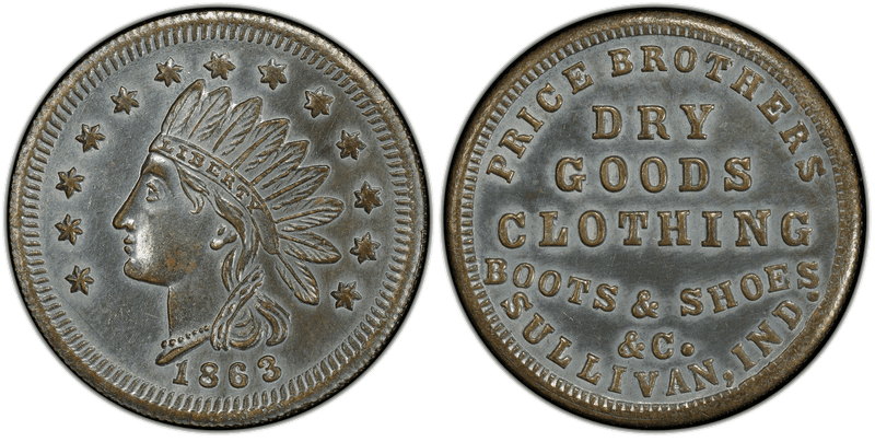 (1863) Zinc Civil War Store Card F-870A-2i, Price Brothers IN