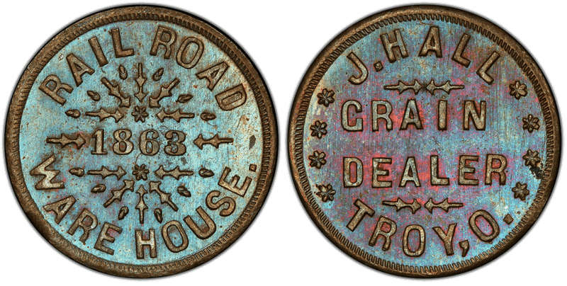 (1863) Copper Civil War Store Card F-880A-1a, J. Hall OH