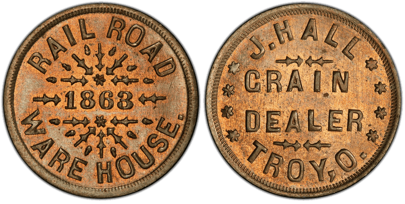 (1863) Copper-Nickel Civil War Store Card F-880A-1d, J. Hall OH