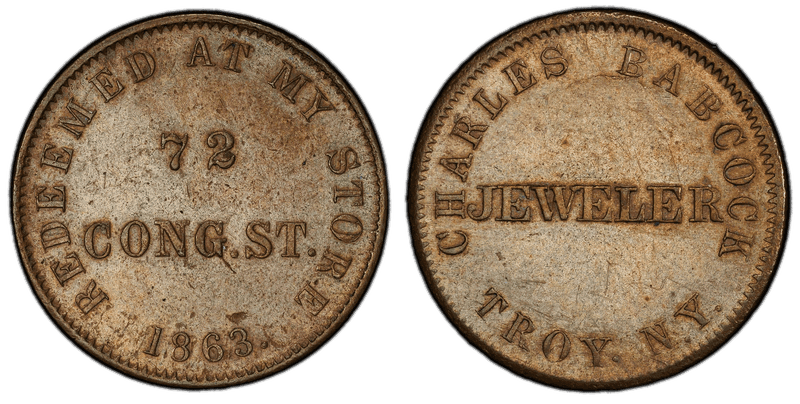 (1863) Copper Civil War Store Card F-890A-2a, Charles Babcock NY