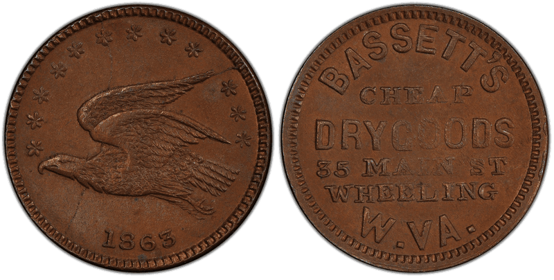 (1863) Copper Civil War Store Card F-890A-6a, Bassett's WV