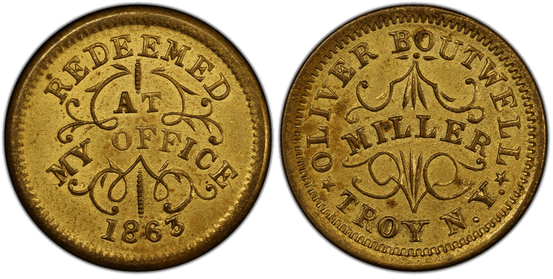 (1863) Brass Civil War Store Card F-890B-16b, Oliver Boutwell NY