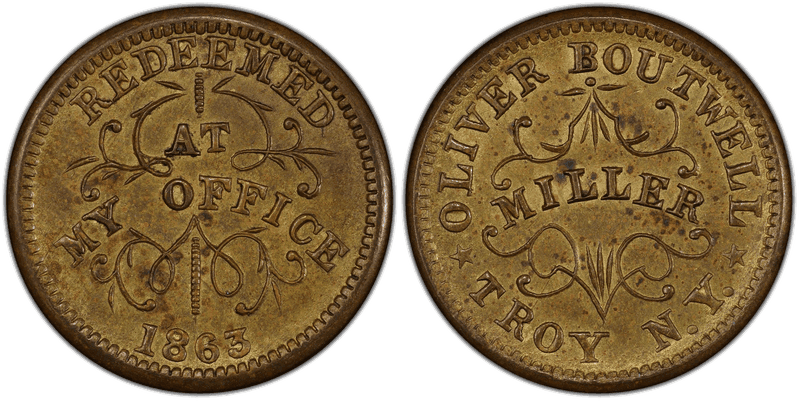 (1863) Brass Civil War Store Card F-890B-19b, Oliver Boutwell NY