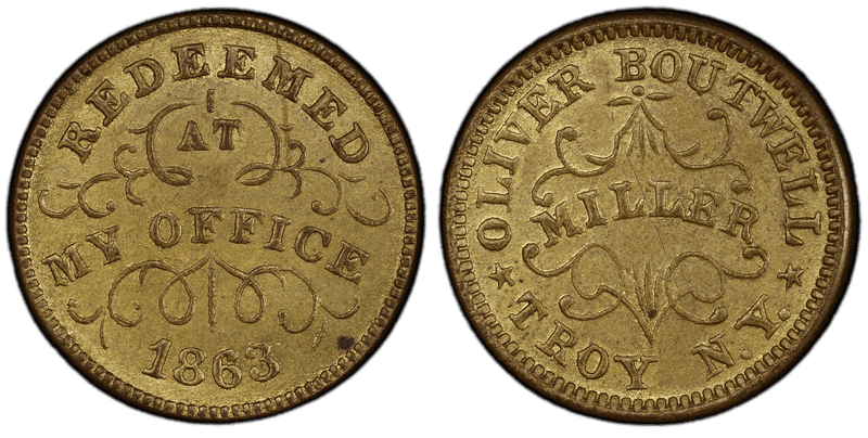 (1863) Brass Civil War Store Card F-890B-22b, Oliver Boutwell NY