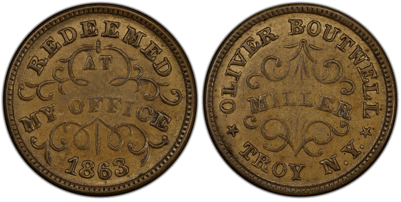 (1863) Brass Civil War Store Card F-890B-27b, Oliver Boutwell NY