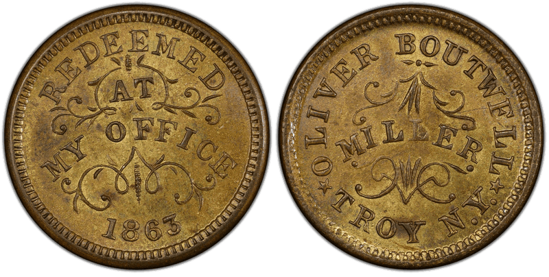 (1863) Brass Civil War Store Card F-890B-6b, Oliver Boutwell NY