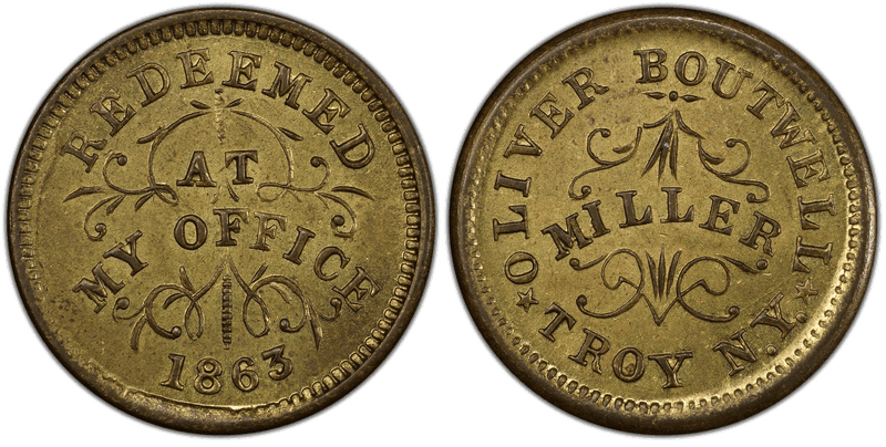 (1863) Brass Civil War Store Card F-890B-7b, Oliver Boutwell NY