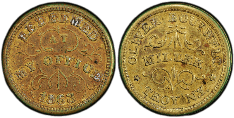 (1863) Brass Civil War Store Card F-890B-9bo, Oliver Boutwell NY