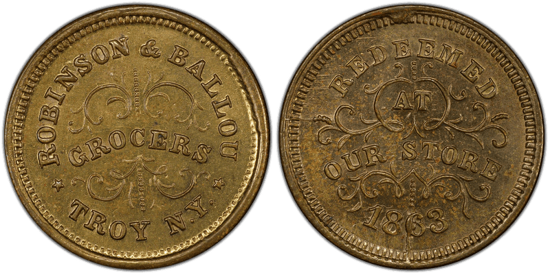(1863) Brass Civil War Store Card F-890E-10b, Robinson & Ballou NY