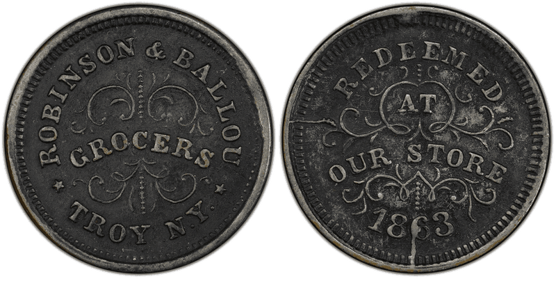 (1863) Tin Civil War Store Card F-890E-11b, (ipl) -Plated Robinson & Ballou NY