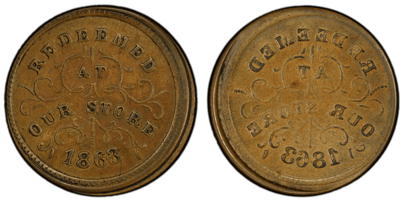 (1863) Brass Civil War Store Card F-890E-13b, Rev Brockage of Oliver Boutwell NY
