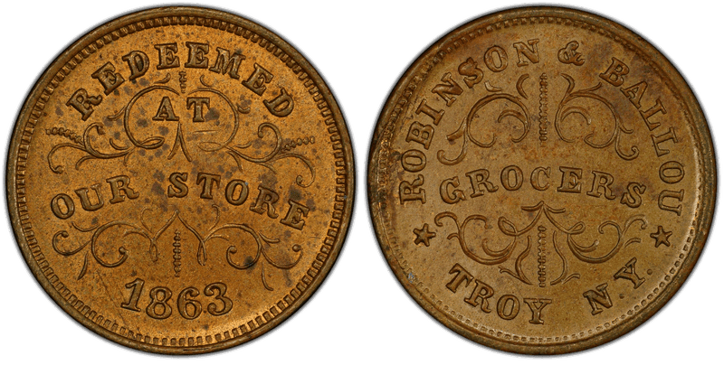 (1863) Brass Civil War Store Card F-890E-1b, Robinson & Ballou NY
