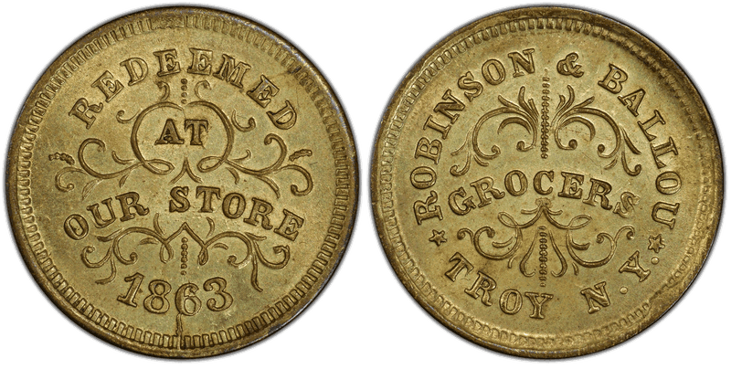 (1863) Brass Civil War Store Card F-890E-4b, Robinson & Ballou NY