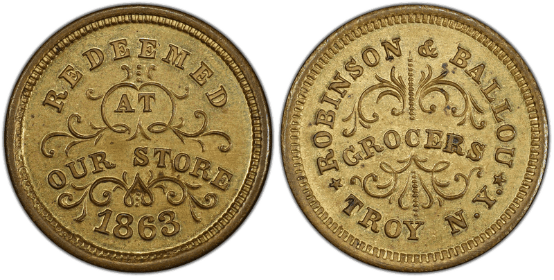 (1863) Brass Civil War Store Card F-890E-6b, Robinson & Ballou NY