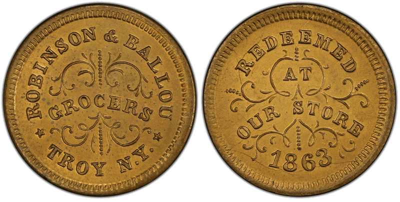 (1863) Brass Civil War Store Card F-890E-9b, Robinson & Ballou NY