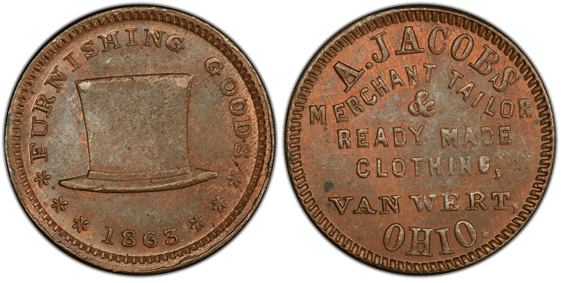(1863) Copper Civil War Store Card F-900A-1a, A. Jacobs OH
