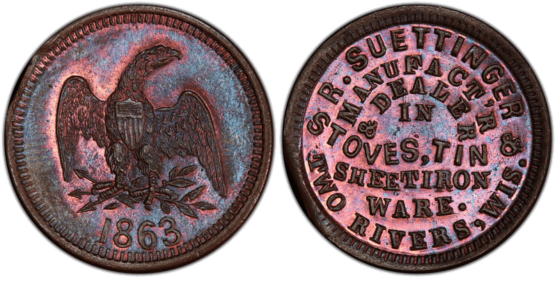 (1863) Copper Civil War Store Card F-900A-1a, R. Suettinger WI