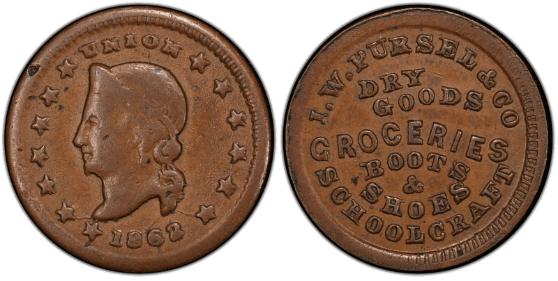 (1863) Copper Civil War Store Card F-900B-4a, I.W. Pursel & Co MI