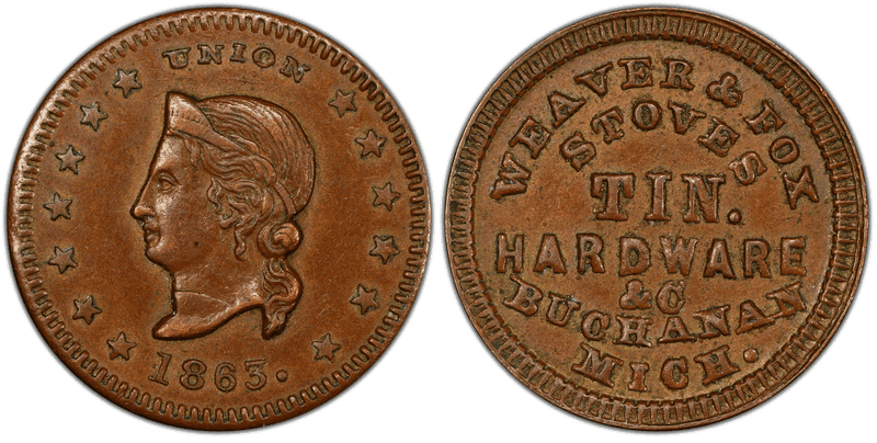 (1863) Copper Civil War Store Card F-90A-1a, Weaver & Fox MI