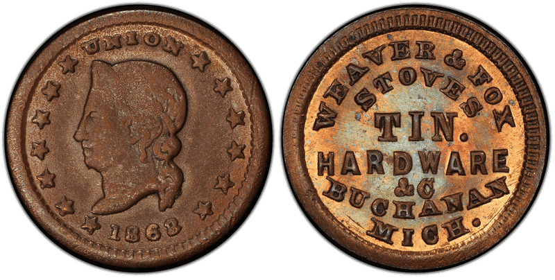 (1863) Copper Civil War Store Card F-90A-2a, Weaver & Fox MI