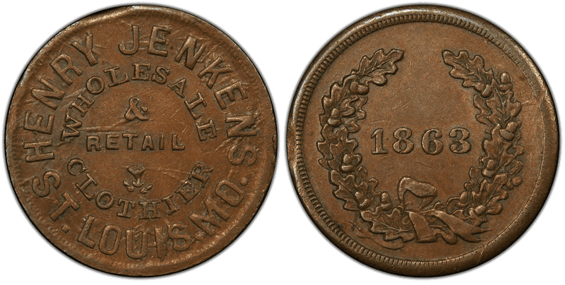 (1863) Copper Civil War Store Card F-910C-1a, Henry Jenkins MO