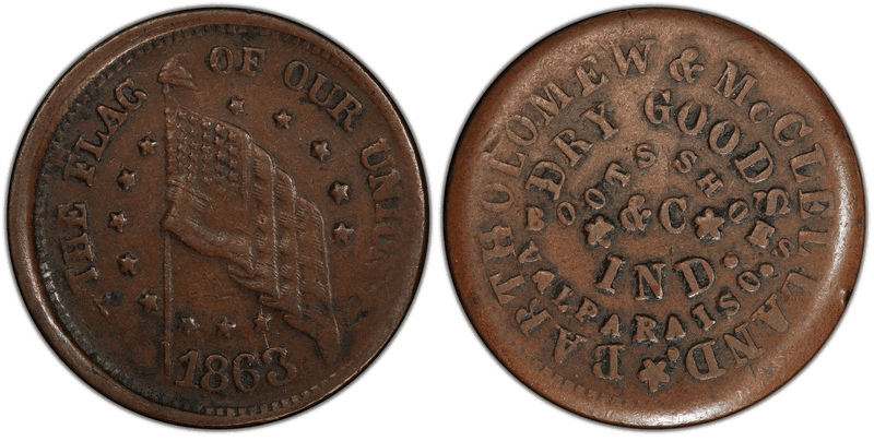 (1863) Copper Civil War Store Card F-915A-1a, Bartholomew & McClelland IN