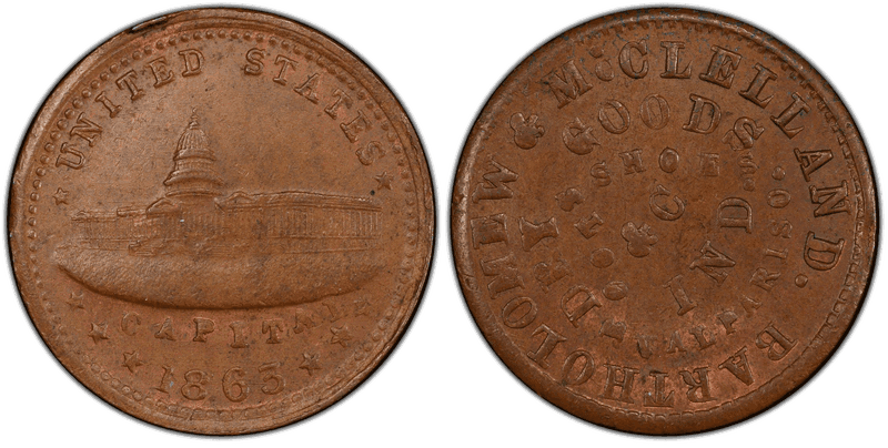 (1863) Copper Civil War Store Card F-915A-2a, Bartholomew & McClelland IN