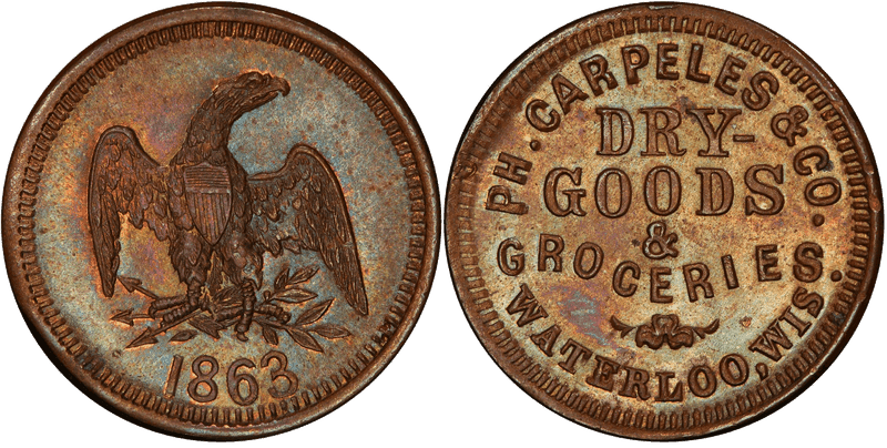 (1863) Copper Civil War Store Card F-915A-2a, Ph. Carpeles & Co. WI