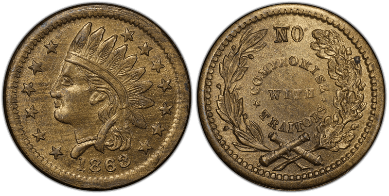 (1863) Brass Civil War Patriotic Token F-91/432b, No Compromise With Traitors