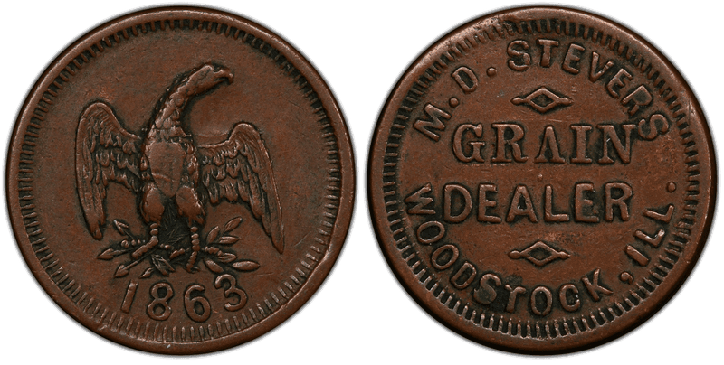 (1863) Copper Civil War Store Card F-920A-1a, M.D. Stevers IL
