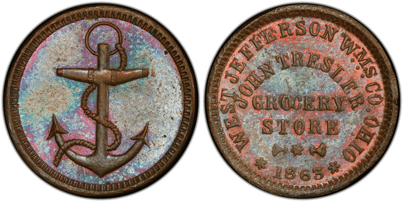 (1863) Copper Civil War Store Card F-920A-2a, West Jefferson Wms Co. OH