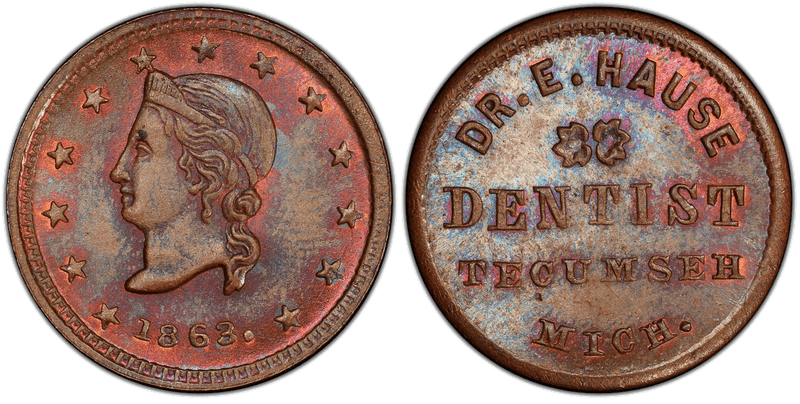 (1863) Copper Civil War Store Card F-920B-1a, Dr. E. Hause MI