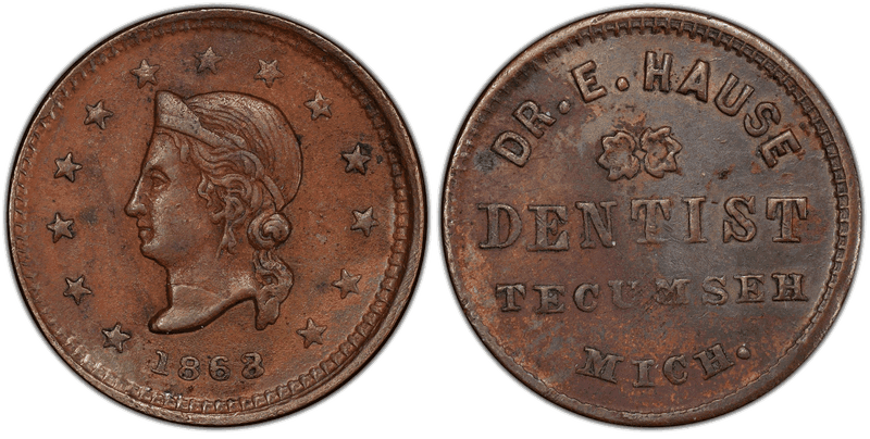 (1863) Copper Civil War Store Card F-920B-4a, Dr. E. Hause MI