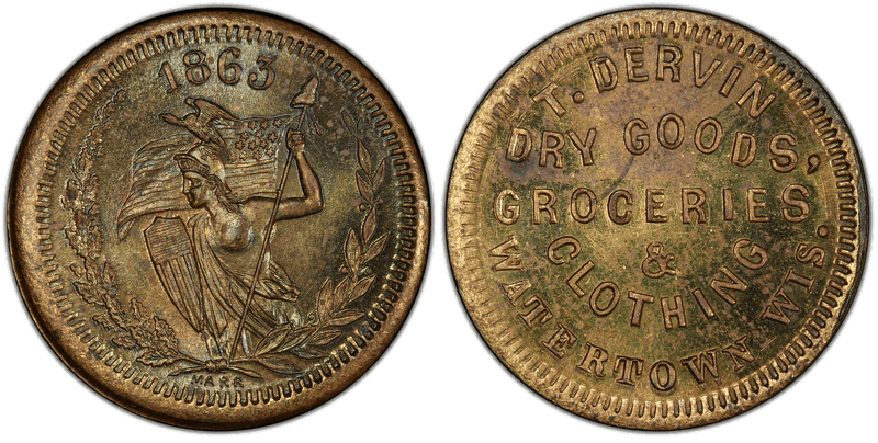 (1863) Brass Civil War Store Card F-920D-3b, T. Dervin WI