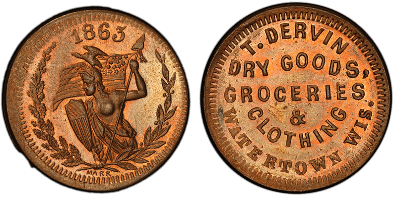 (1863) Copper-Nickel Civil War Store Card F-920D-3d, T. Dervin WI