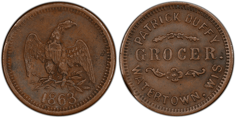 (1863) Copper Civil War Store Card F-920E-1a, Patrick Duffy WI